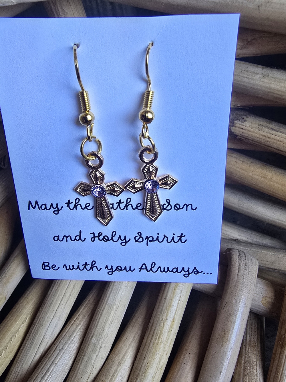 Gold Cross Drop Earrings with Purple Stone - Women Jewelry